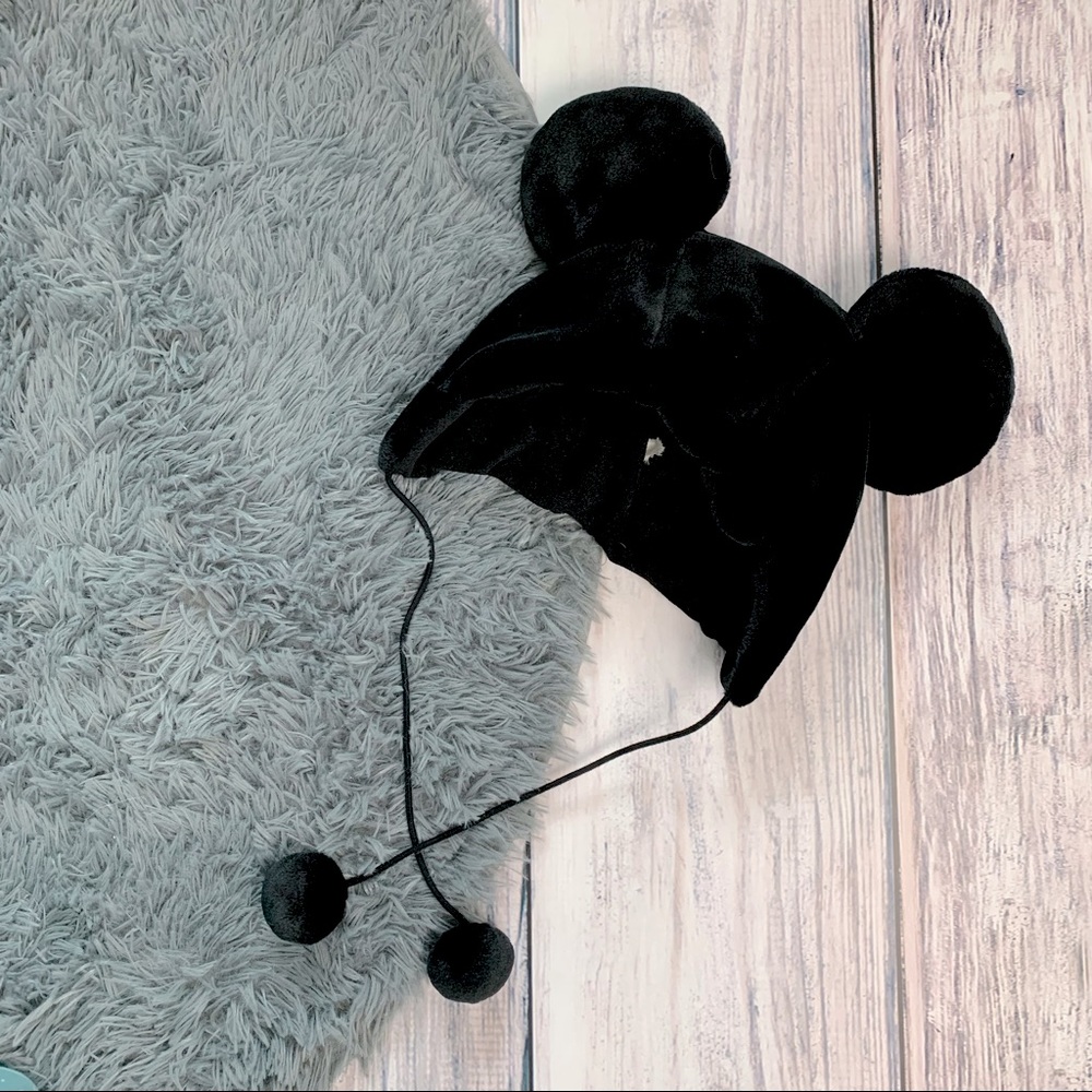 Black Furry Mickey Hat with Ear Flaps and Pompoms